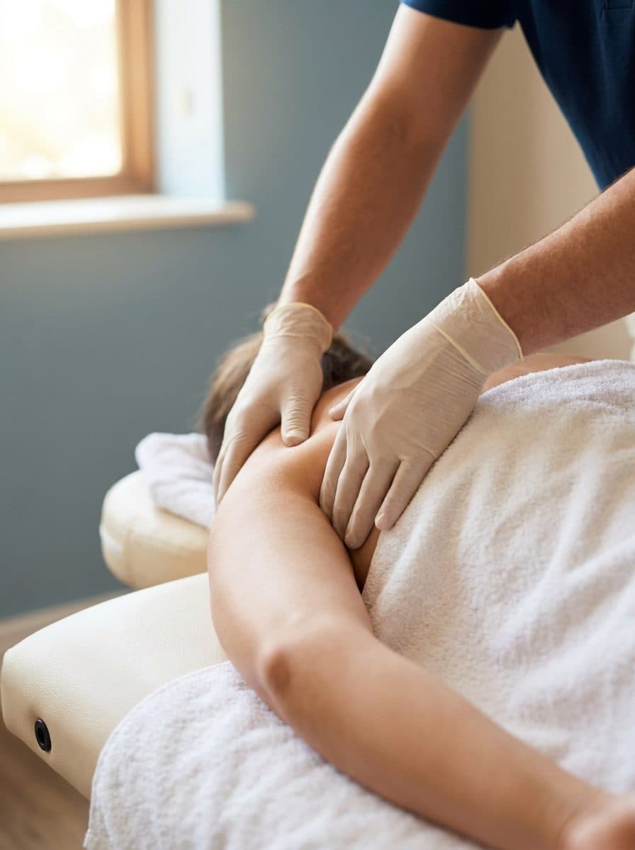 Masáž a měkké techniky zad na terapeutickém lehátku